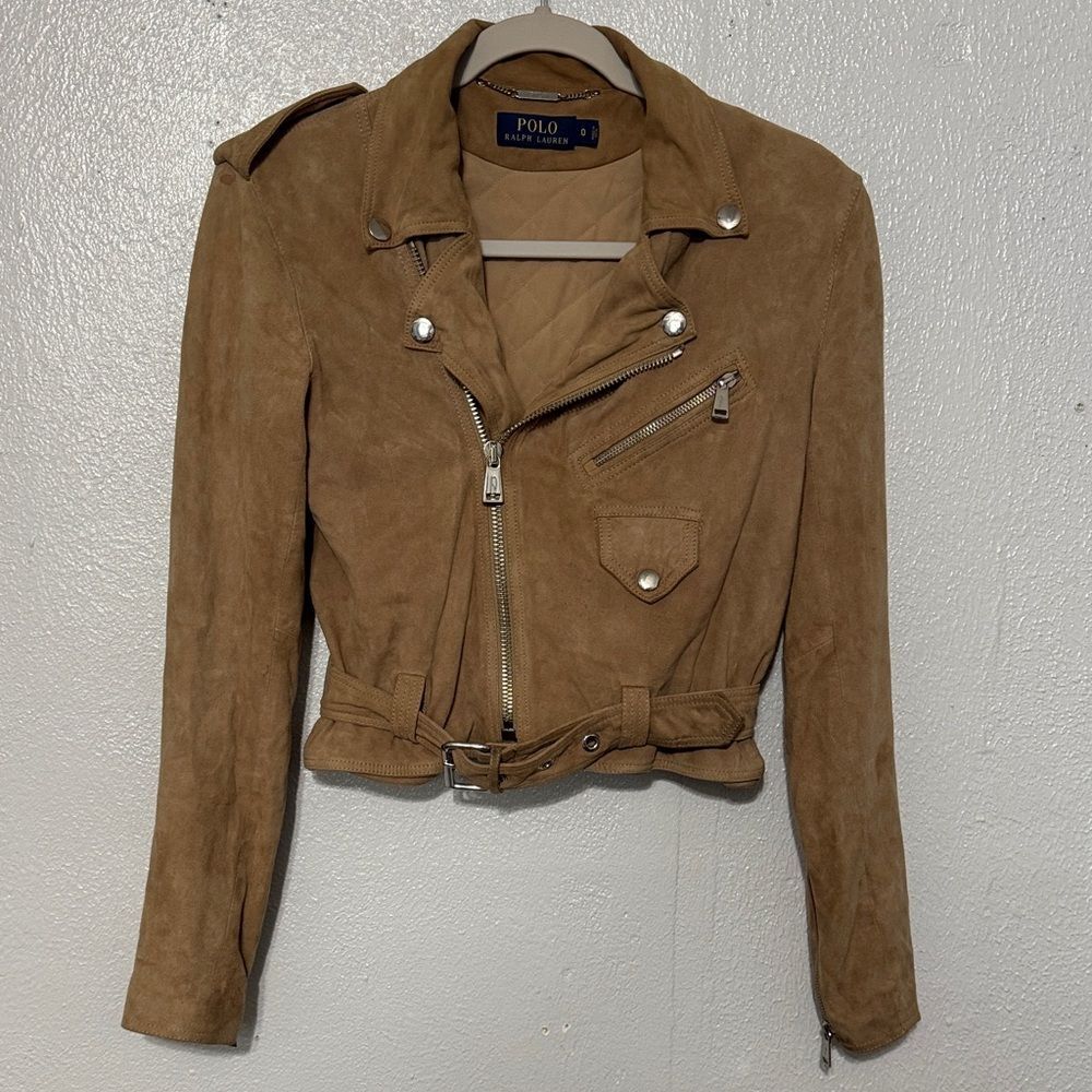 Polo Ralph Lauren Goat Suede Leather Moto Biker Jacket  Camel Tan Cropped Belted
